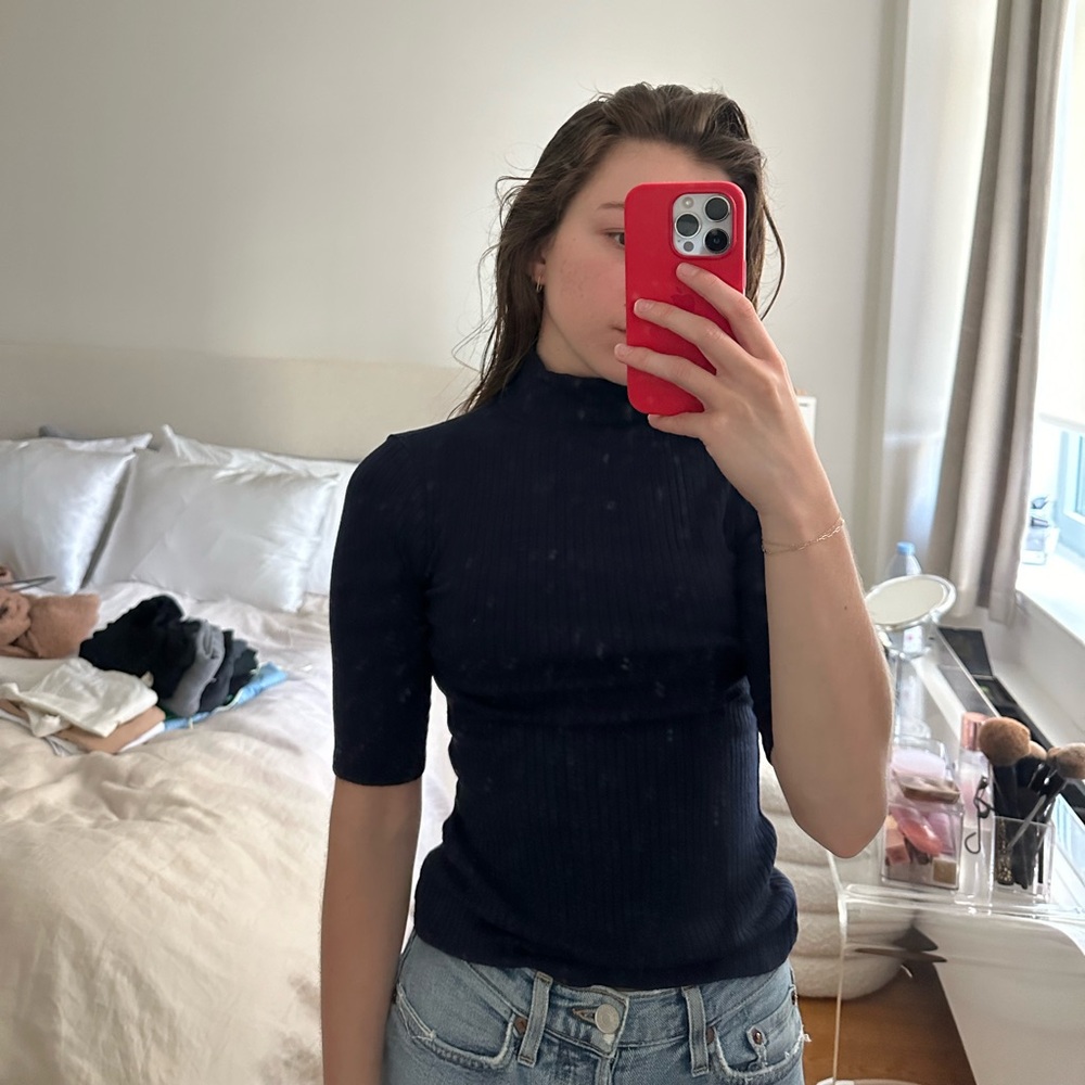 Reformation Navy Mock Neck Tee, 1/2 Sleeve, XS